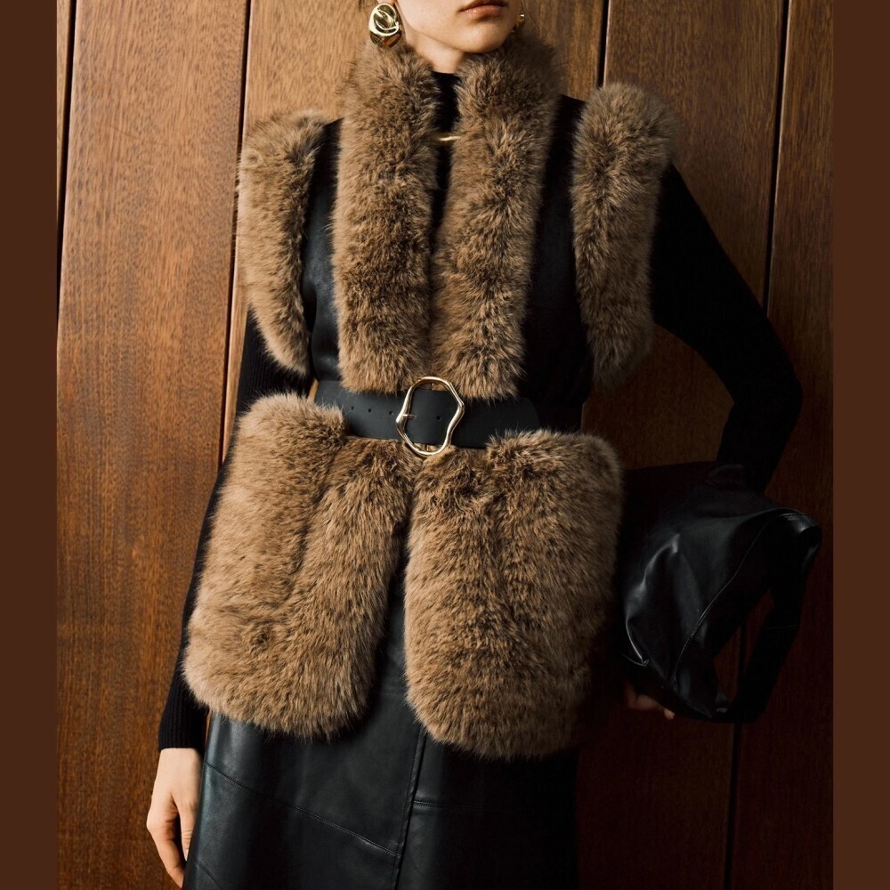 Brown Faux Fur Sleeveless Vegan Leather Panel Longline Vest Coat